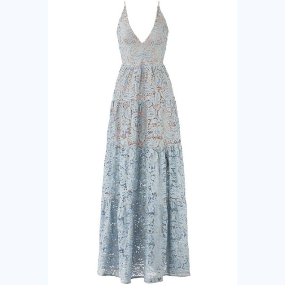NWOT Dress the Population Blue Summer Sky Melina Lace Maxi Dress Size XS